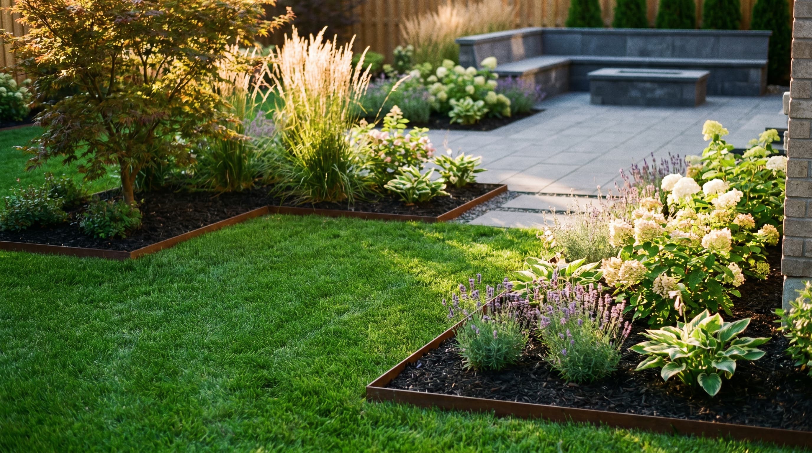 Softscape build — fresh sod lawn, mulched garden beds, ornamental grasses, and Japanese maple on a McCoy Landscape Group install
