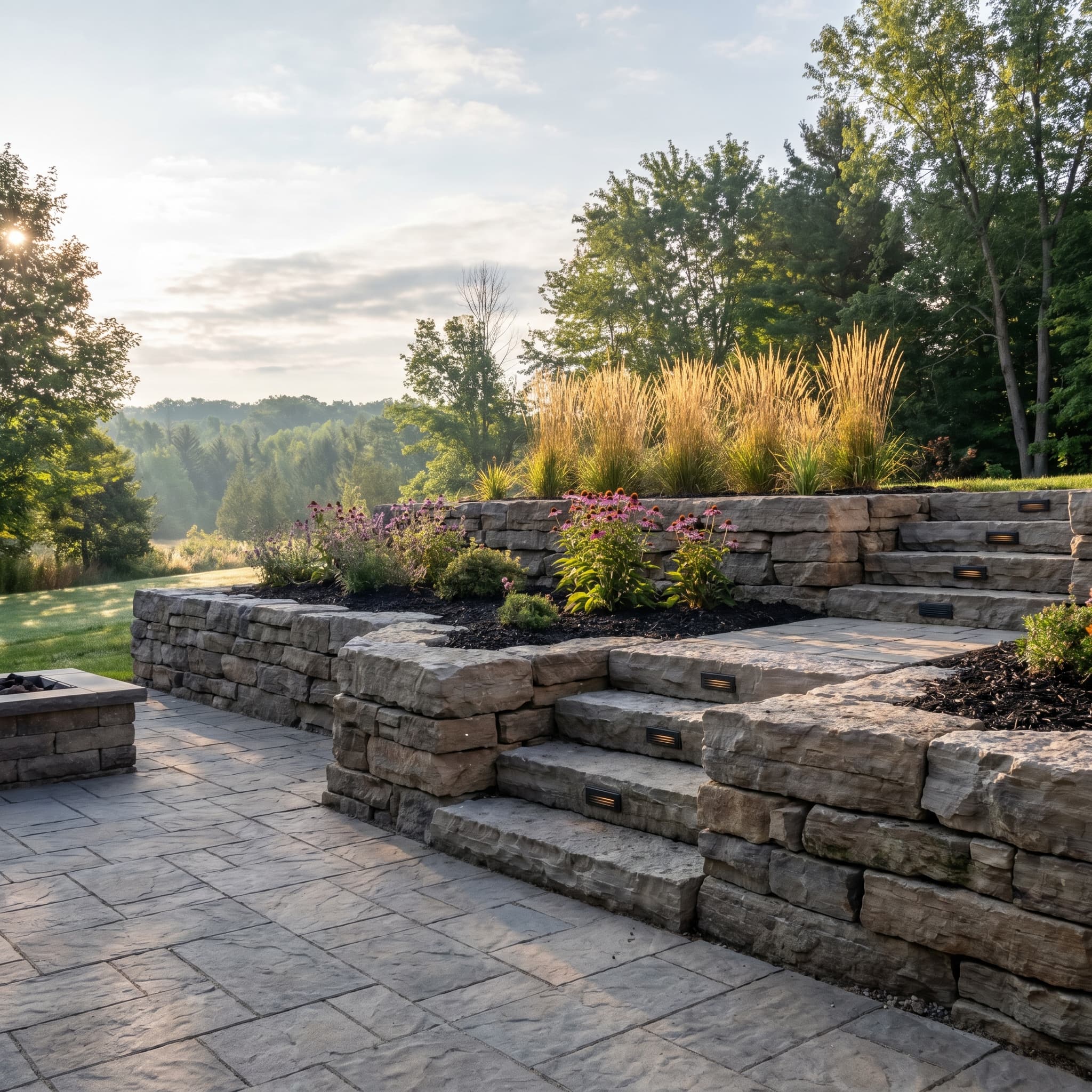 Retaining wall with integrated steps at a Milton home by McCoy Landscape Group
