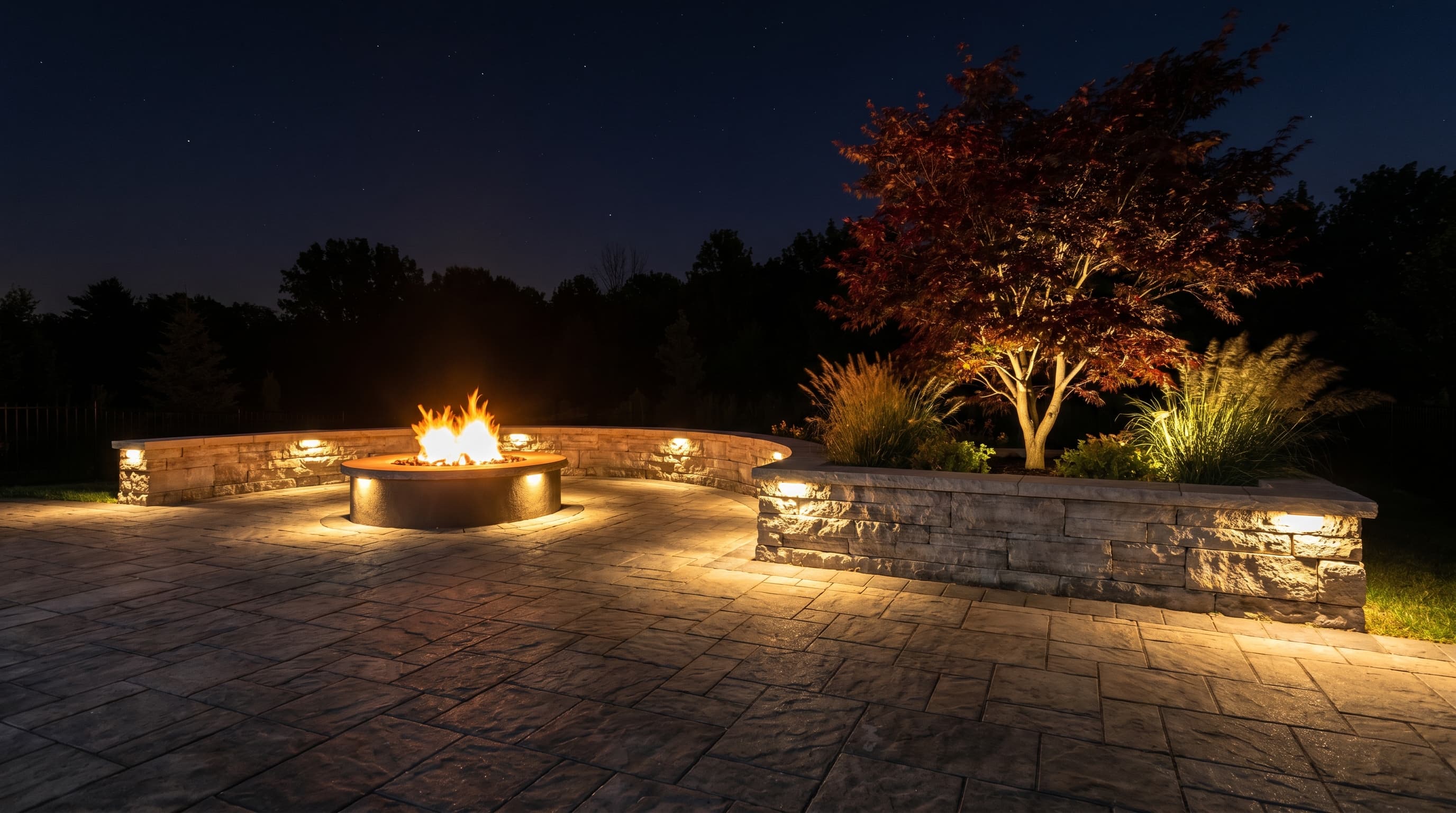 Dramatic landscape lighting at dusk on a Milton hardscape build by McCoy Landscape Group