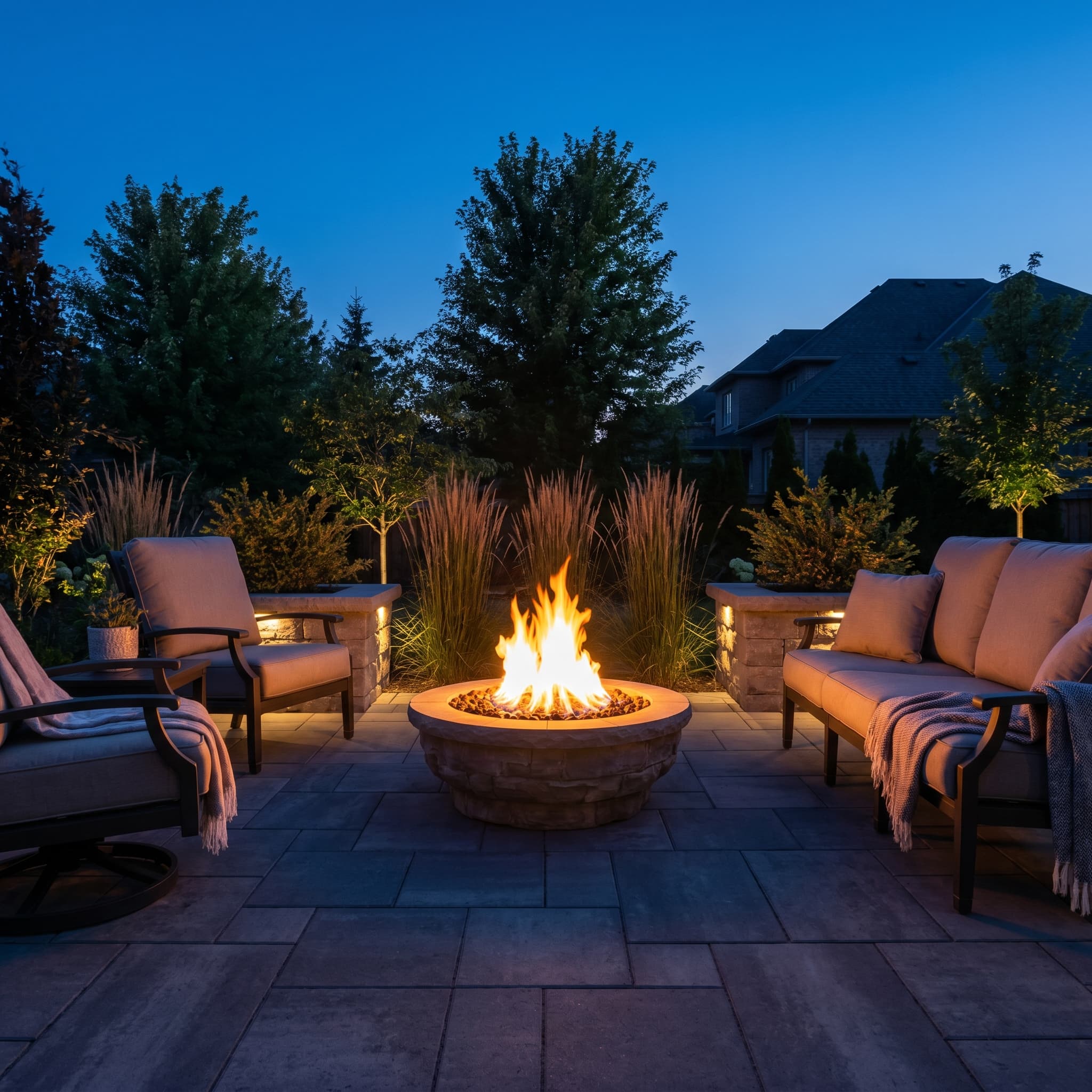 Paver patio with fire feature at dusk in Oakville by McCoy Landscape Group